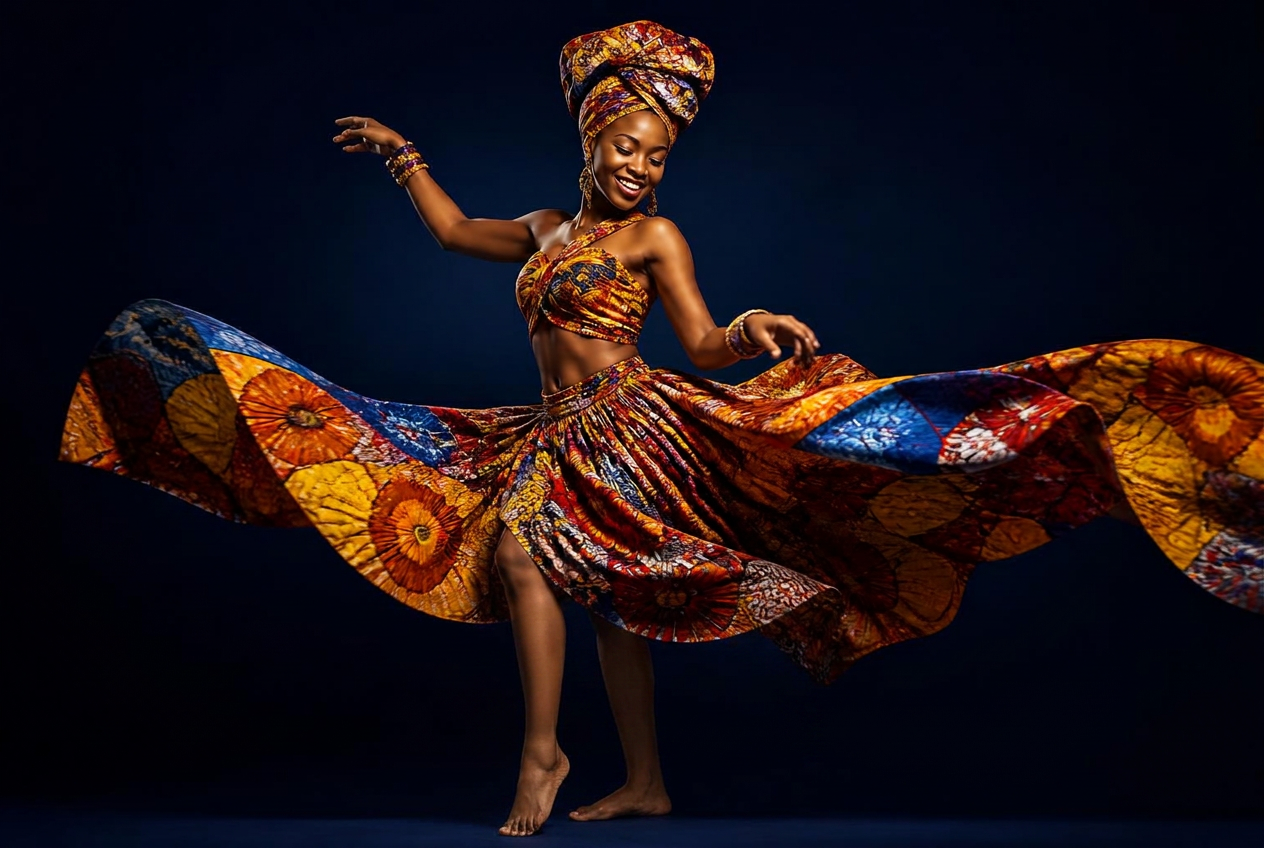 Jeune femme africaine en tenue traditionnelle colorée, dansant